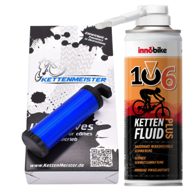 Pack para e-bike compuesto por fluido para cadenas 106 PLUS y Chain Masrter modelo B. para poder girar los pedales hacia atrás y así facilitar el engrase