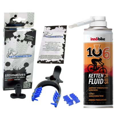 Pack para e-bike compuesto por fluido para cadenas 106 PLUS y Chain Masrter modelo B. para poder girar los pedales hacia atrás y así facilitar el engrase