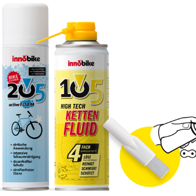 Innobike 205 Active foam espuma para limpieza en seco  e Innobike 105 High Tech limpia y engrasa cadenas.
