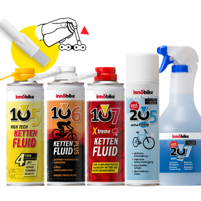 6 productos Innobike, el 105, el 106 y el 107 para limpieza y engrase de la cadena, un cepillo accesorio, además Espuma 205 y detergente 207 para limpieza en general.